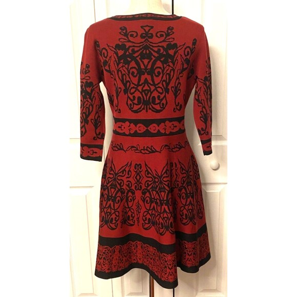 NEW TAYLOR Fit n Flare Sweater Dress Lg Burgundy Red Black Floral Celtic Gothic - Picture 7 of 11